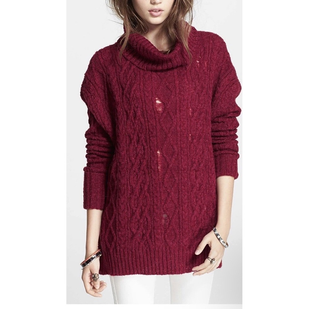 Free People Women's Sweater Love Worn Distressed Cable Knit Turtleneck  Sz S